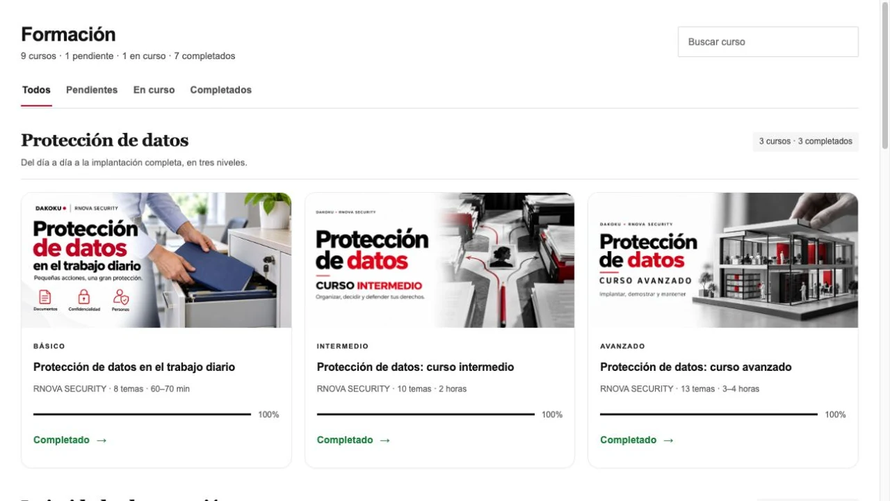 Ejemplo del catálogo de formación y seguimiento en Dakoku